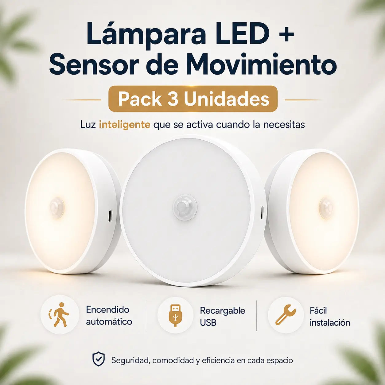 Lámpara LED con Sensor de Movimiento – Iluminación Automática Recargable para Closet, Pasillos y Escaleras | Pack 3 Unidades