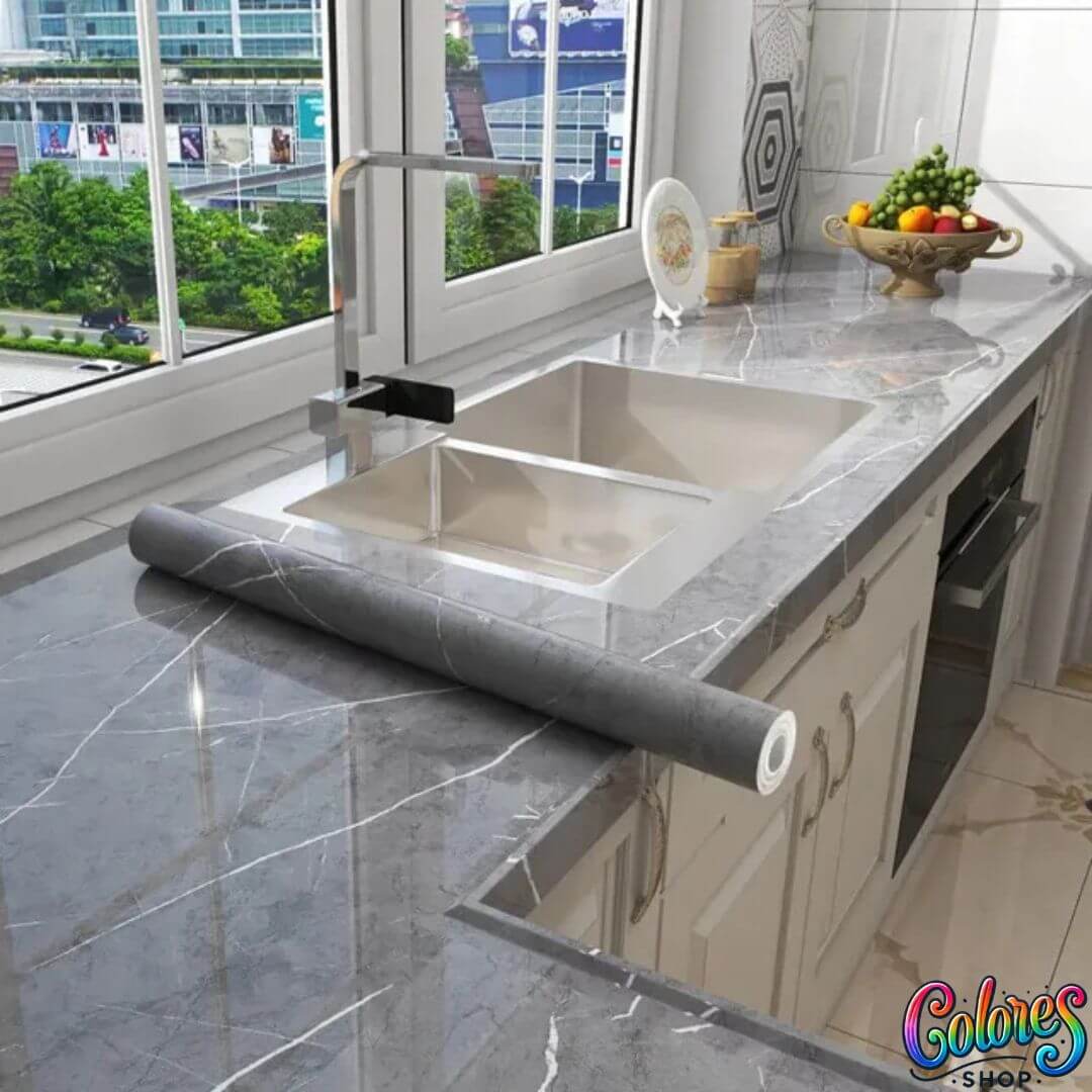 Papel Autoadhesivo de Mármol Impermeable - Renueva Mesones y Muebles Fácilmente - 5 Metros, Instalación Sin Burbujas