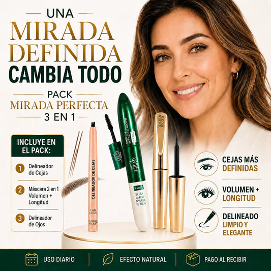 Pack Mirada Perfecta 3 en 1 – Cejas Definidas, Pestañas con Volumen y Delineado Preciso