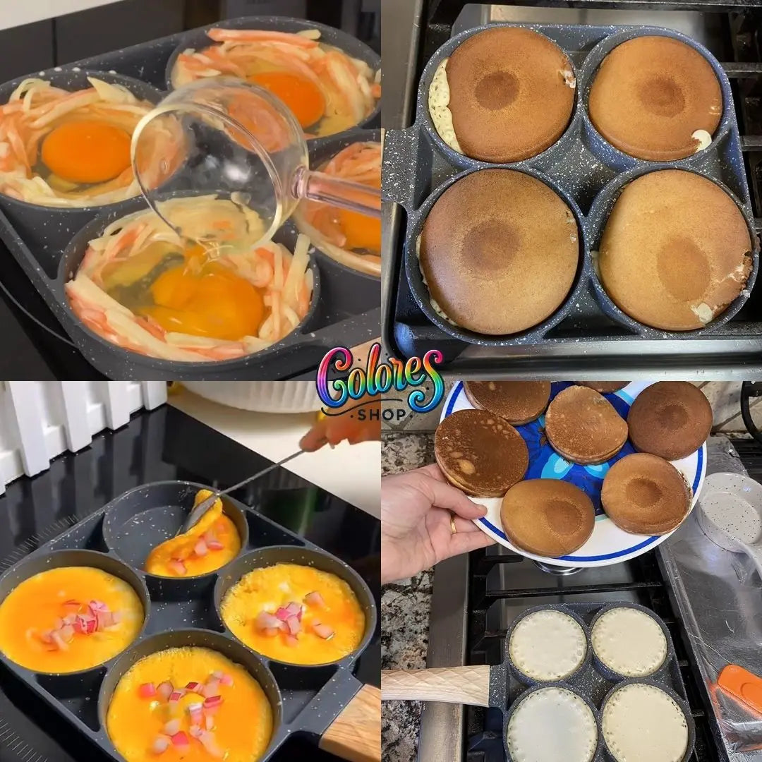 Sartén 4 en 1 Antiadherente para Huevos, Pancakes y Sandwiches – Cocina Rápida, Fácil y con Formas Perfectas