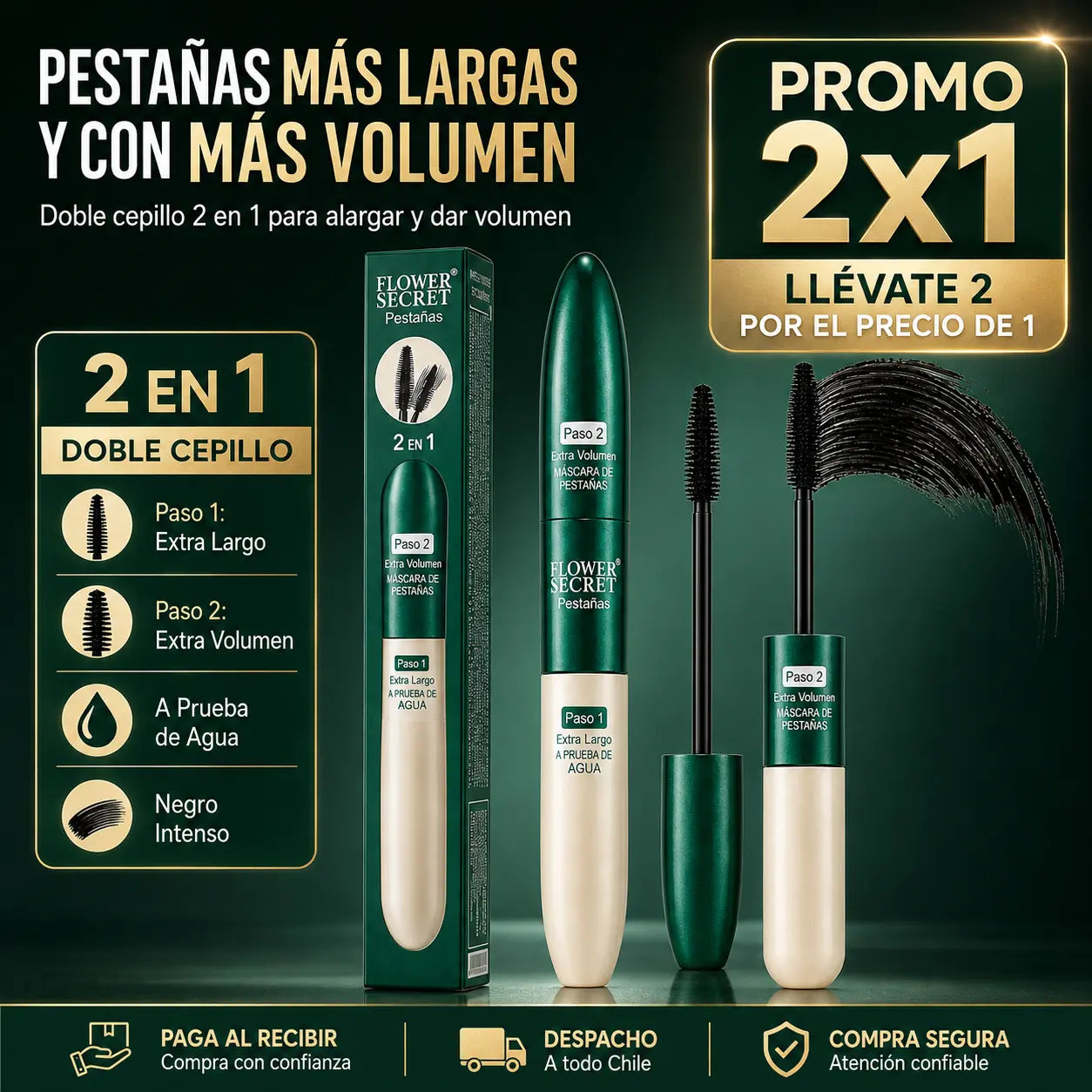 Máscara de Pestañas 2 en 1 – Volumen y Longitud sin Pestañas Postizas | 2x1