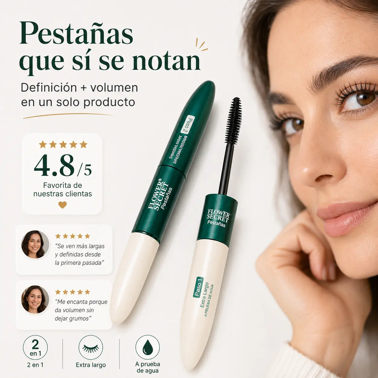 Máscara de Pestañas 2 en 1 – Volumen y Longitud sin Pestañas Postizas | 2x1
