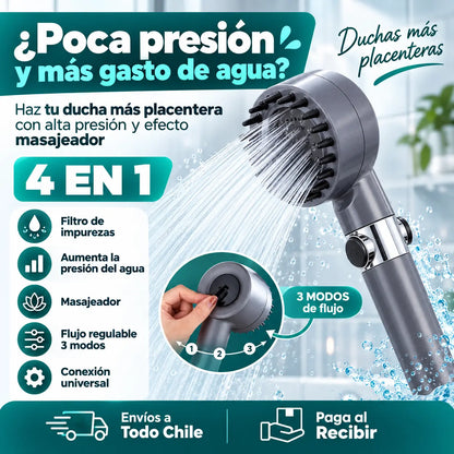 Cabezal de Ducha Alta Presión 4 en 1 con Masajeador, Filtro de Impurezas y 3 Modos de Flujo – Mayor Presión, Control del Agua y Conexión Universal