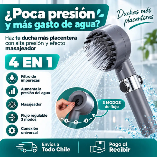 Cabezal de Ducha Alta Presión 4 en 1 con Masajeador, Filtro de Impurezas y 3 Modos de Flujo – Mayor Presión, Control del Agua y Conexión Universal