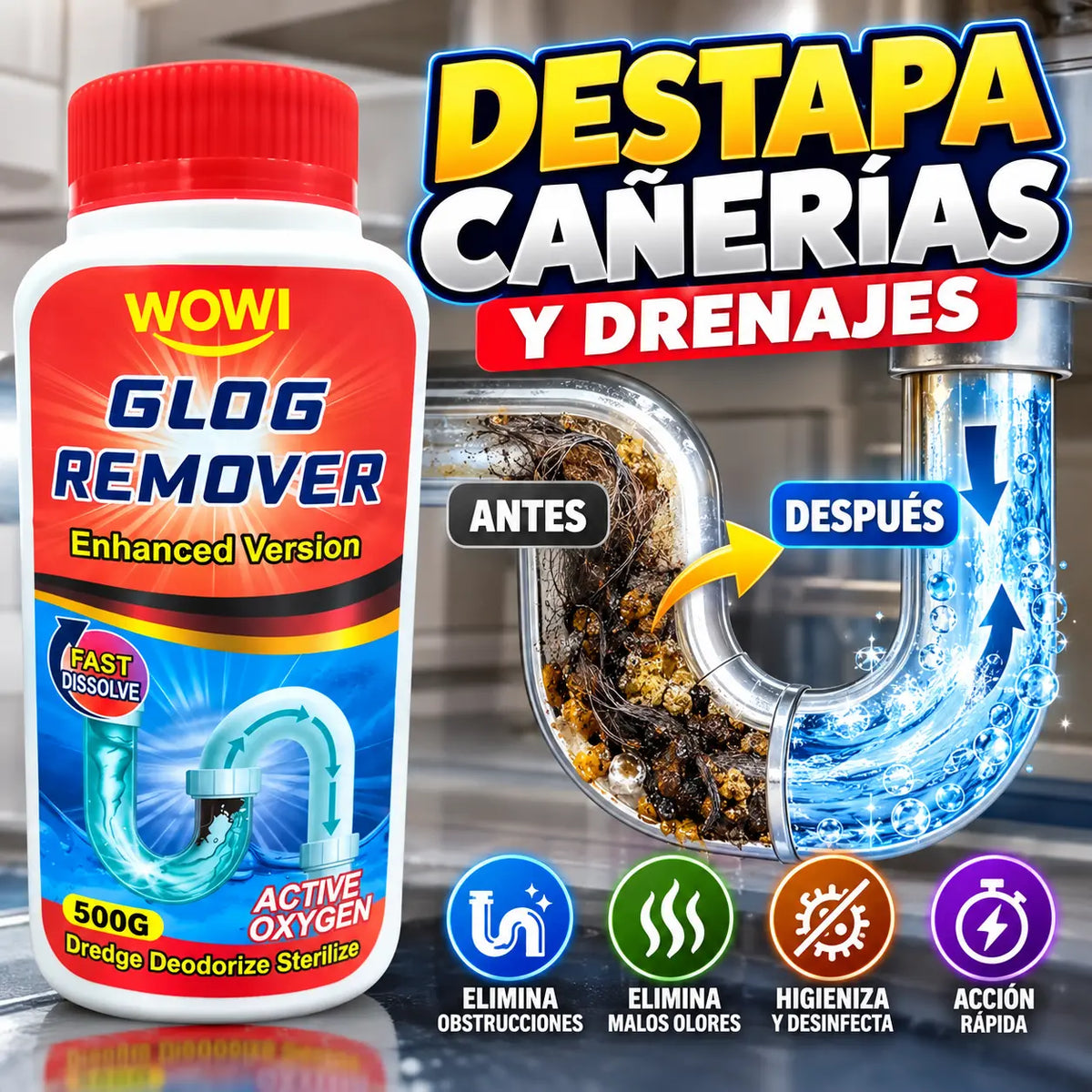 Destapador de Cañerías y Drenajes 500g – Elimina Obstrucciones y Malos Olores