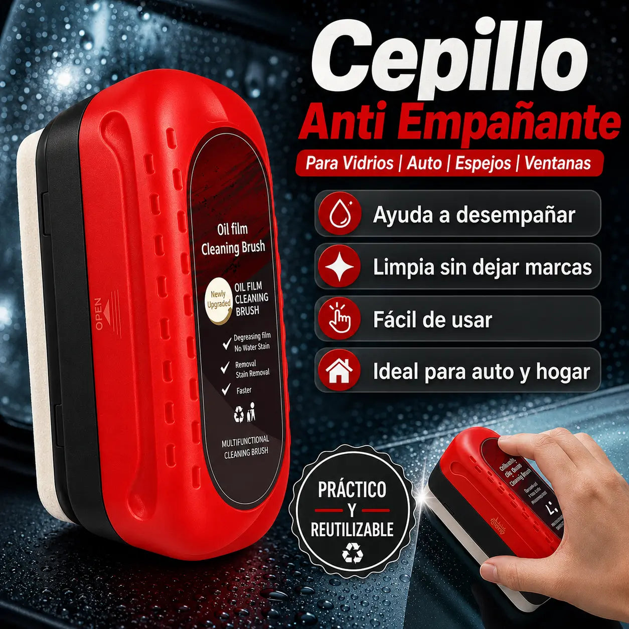 Cepillo Anti Empañante para Vidrios – Limpia, Desengrasa y Mejora la Visibilidad sin Dejar Marcas | Ideal para Auto, Espejos y Ventanas